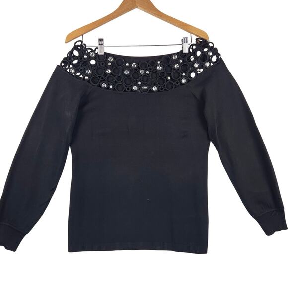 Boston Proper Sweater Women’s SZ LG Y2K 90s Style Long Sleeve Bejeweled Neck - Picture 1 of 13